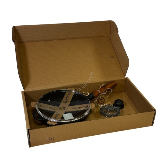 Patelnia żeliwna MAYSTERNYA 24x6cm z drewnianą rączką i szklaną pokrywką