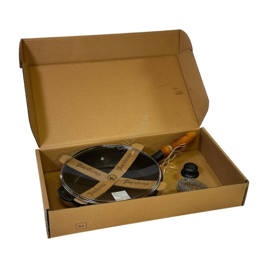 Patelnia żeliwna MAYSTERNYA 28x6cm z drewnianą rączką i szklaną pokrywką