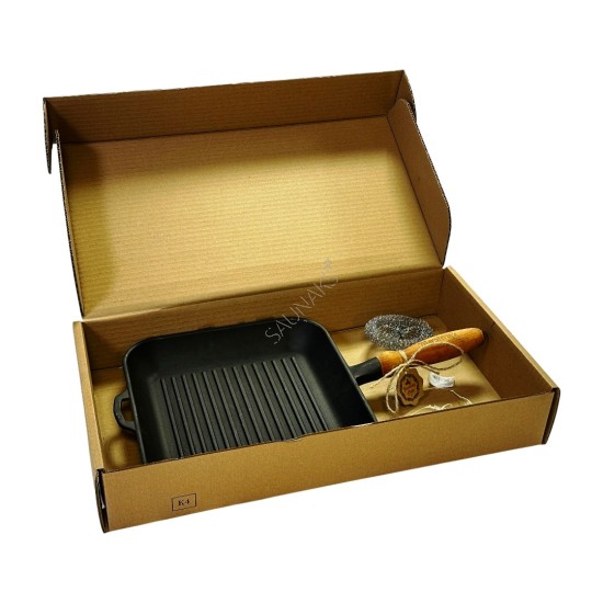 Patelnia grillowa żeliwna MAYSTERNYA 28x28x4cm z drewnianą rączką